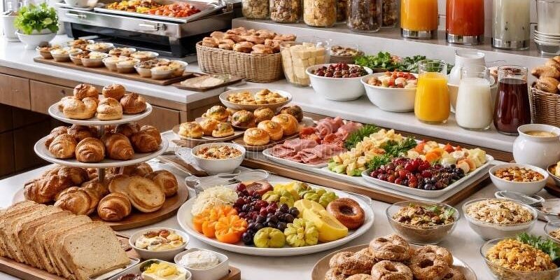 Generös hotellfrukostbuffé med bröd, frukt, pålägg, yoghurt och drycker