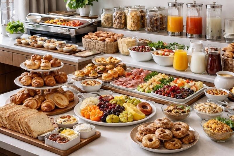 Generös hotellfrukostbuffé med bröd, frukt, pålägg, yoghurt och drycker